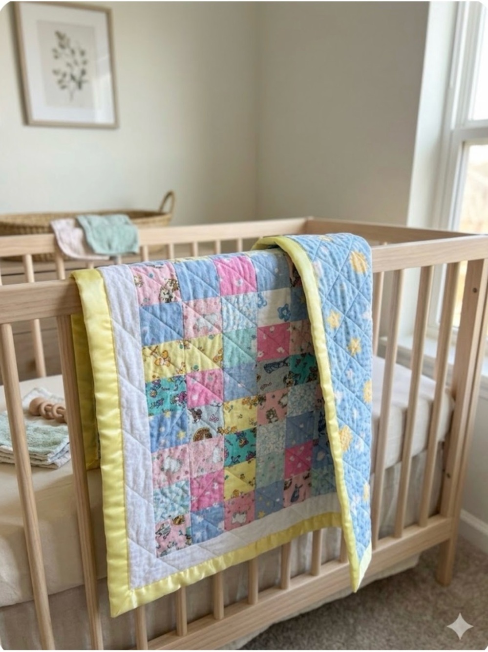 2for$15🌸-Handmade Patchwork Baby Quilt with Yellow Satin Border